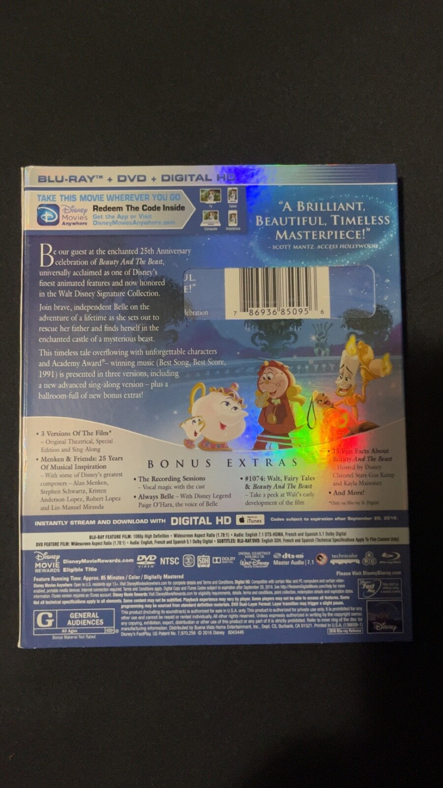 Beauty and the Beast: 25th Anniversary Edition Bluray + Dvd W~Slip Cover •NEW•
